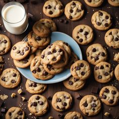 chocolate chip cookies and milk on a table