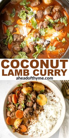 coconut lamb curry in a bowl with rice and carrots