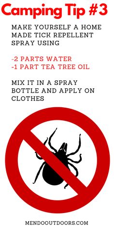 a red sign that says camping tips 3 make yourself a home made tick repellent spray using 2 parts water 1 part tea tree oil mix in a spray bottle and