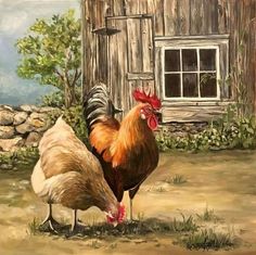 two chickens are standing in front of a barn