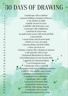 the 30 days of drawing book with green watercolors and white writing on it