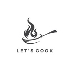 the logo for let's cook, which is designed to look like a frying pan