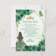 a green and gold quinceauera birthday party card with a girl in a dress surrounded by succulents