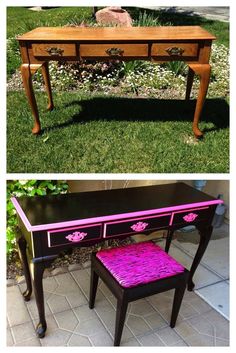 an old desk has been painted pink and black with flowers on the top, and bottom