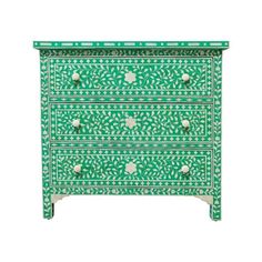 a green and white dresser with two drawers on the bottom, one drawer has an intricate design