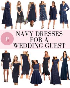 navy dresses to wear as a wedding guest in different styles and colors, with text overlay that says navy dresses to wear as a wedding guest