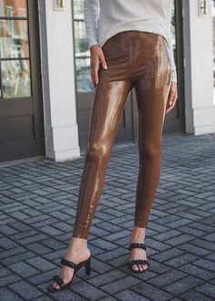 Commando faux patent leather leggings -Cinnamon -ON SALE – Hand In Pocket Fitted Solid Color Trendy Leggings, Trendy Fitted Solid Color Leggings, Chic High Stretch Leather Pants For Fall, Versatile High Stretch Leggings For Fall, Non-stretch High Waist Sleek Leggings, Versatile Fall Tights, Sleek Fitted Brown Leather Pants, High Stretch Solid Pants For Fall, High Stretch Solid Color Pants For Fall