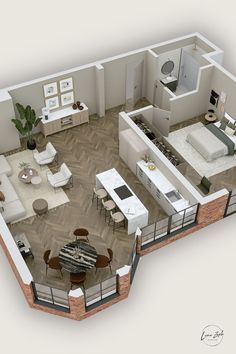 an overhead view of a living room and kitchen area in a house with the floor plan drawn out