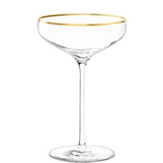 an empty wine glass with gold rim on a white background, isolated for use in design projects