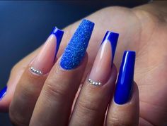 Glitter Blue Nails Acrylic, Royal Blue Nails For Wedding, Royal Blue Wedding Nails For Bride, Royal Blue Nails Glitter, Blue Royal Nails, Blue Formal Nails, Nails With Blue Design, Royal Blue Homecoming Nails, Nails Acrylic Royal Blue