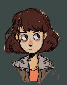 a drawing of a girl with brown hair and blue eyes, wearing an orange shirt