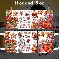 two coffee mugs with christmas themed designs on them