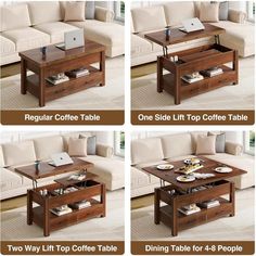 four different views of a coffee table with two laptops on top and one side