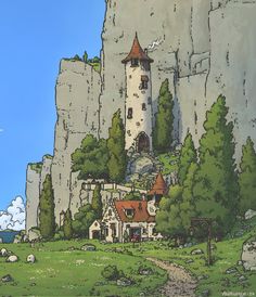 a drawing of a castle on top of a mountain with trees and rocks in the background