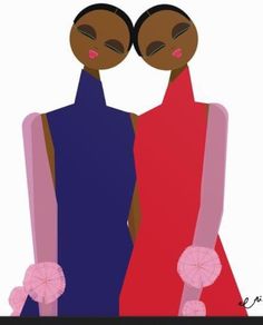 two black women sitting next to each other with their faces covered in pink and blue