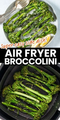 the broccoli is being cooked in an air fryer with text overlay