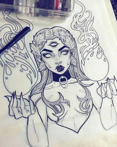 a drawing of a woman holding a knife and fork in her hand with flames coming out of it