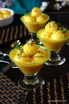 three small bowls filled with yellow dessert items