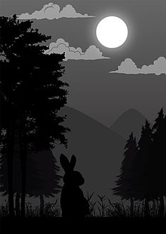 a black and white image of a rabbit sitting in the grass under a full moon