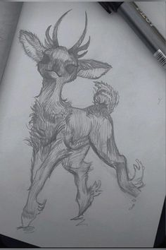 a pencil drawing of a deer with horns on it's back legs and feet