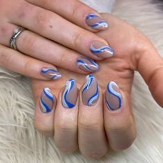 Blue Swirl Almond Nails, Almonds Shape Nails, Almond Wave Nails, Blue Nail Swirl Designs, Swirly Nail Designs Almond Shape, Swrill Design Nails Blue, Acrylic Nails Blue Swirls, Blue Nails Squiggle, Swirly Blue Nails