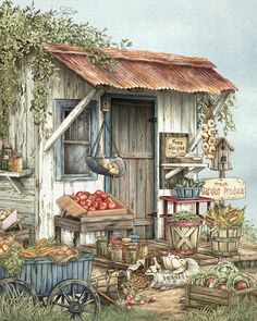 a painting of an old wooden shed with vegetables and fruit on the outside, in front of it