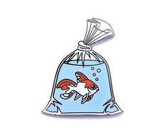 a cartoon goldfish in a bag on a white background with blue water and silver foil