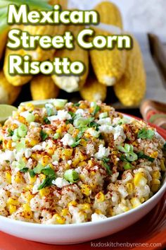 mexican street corn risotto in a white bowl