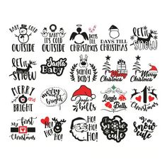 christmas lettering and stickers are shown in black, white, and red on a white background