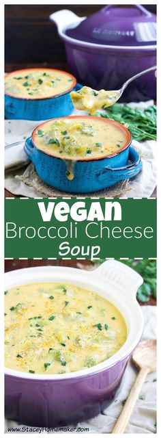 broccoli cheese soup in a purple casserole dish with text overlay