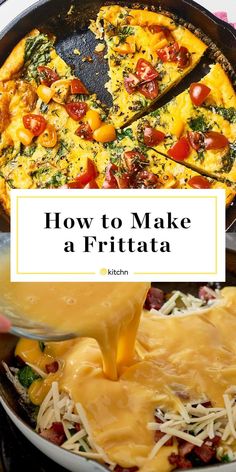 how to make a frittata in a skillet with cheese being poured over it