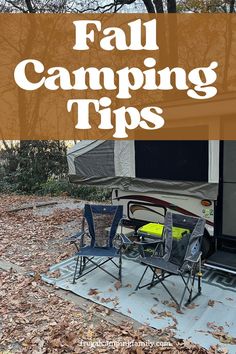 an rv camper with the words fall camping tips on it's front and back