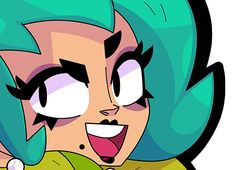 an animated girl with green hair and big eyes