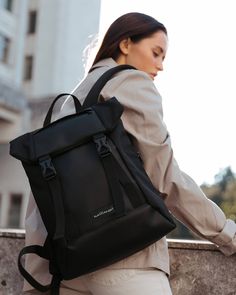 "HIGHLIGHTS: ✔️ Durable fabric ✔️ Padded straps and back for comfort ✔️ Compartment for a laptop up to 15\" ✔️ 1 front pocket ✔️ 1 side pocket Black roll top backpack for women: ✔️ Handmade ✔️ 100% vegan ✔️ Eco-leather, only organic materials ✔️ Unique design ✔️ Add personalization if you want More backpacks for urban city tour https://etsy.me/2JHH72X Need something that will let your hands stay free? Here https://etsy.me/2JGaXEW MEASUREMENTS: ✔️ Height: 37 cm / 14\"6 ✔️ Width: 30 cm / 11\"8 ✔️ Backpack Minimalist, Basic Necessities, Luggage Black, Roll Top Backpack, Black Rucksack, Canvas Rucksack, Street Style Bags, Vegan Leather Backpack, Trendy Backpacks