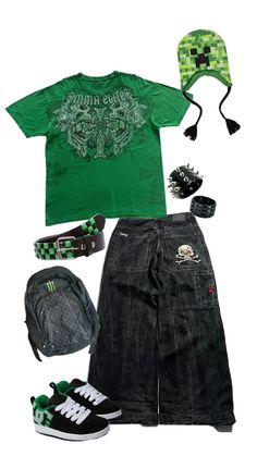 green y2k outfit Green Y2k Clothes, Green 2000s Outfit, 2010s Fashion Men, Masculine Y2k Outfits, Boy Y2k Outfit, Masc Y2k Outfits, Y2k Fit 2000s, Green Outfit Y2k, Green Scene Outfit