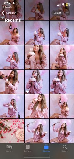 a collage of photoshopped images of a woman holding a cake and blowing bubbles