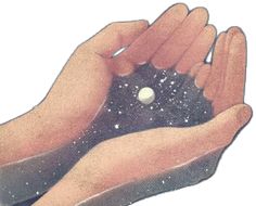 two hands holding an object in the air with stars on it's surface and space around them