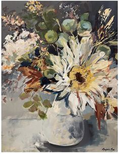 a painting of flowers in a white vase