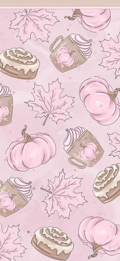 a pink background with various desserts and leaves