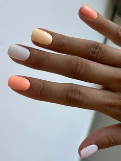 peach, pale yellow, and white short nail design Short Nail Ideas Yellow, Nail Ideas With 2 Colors, Neutral And Neon Nails, Short Nails August, Very Short Nails Ideas Summer, White Yellow Nails, Neon Peach Nails, Pastel Nails Short, Very Short Nails Ideas