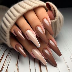 100 Stunning Brown Nail Ideas: Trendy Designs for Every Style - Style Zuri Brown White Ombre Nails, Brown Coffin Nail Designs, Fall Colors For Nails Autumn, Fall French Tip Nail Designs, Fall Acrylic Nail Designs 2024, Ballerina Ombre Nails, Neutral Thanksgiving Nails, Classy Long Acrylic Nails, Sweater Effect Nails