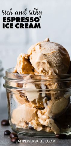 two scoops of espresso ice cream in a glass bowl