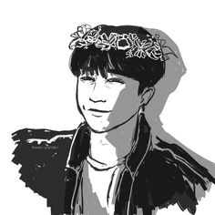 a black and white drawing of a person wearing a headband with flowers on it