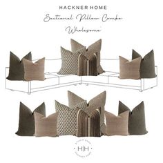 four pillows with different patterns on them and the words hakener home written in white