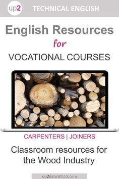 a book cover with wood logs and the title english resources for vocational courses