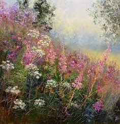 an oil painting of wildflowers and trees