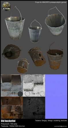 old buckets and other metal objects are shown in this image with the same color scheme