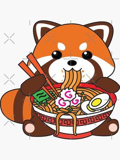 a red panda eating noodles with chopsticks in it's paws and holding chop sticks