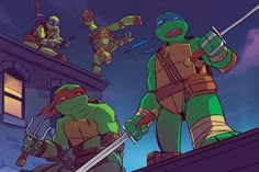 teenage mutant ninjas are on top of a building and one is holding two swords