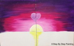 a painting with a heart on it in the middle of purple, yellow and pink colors